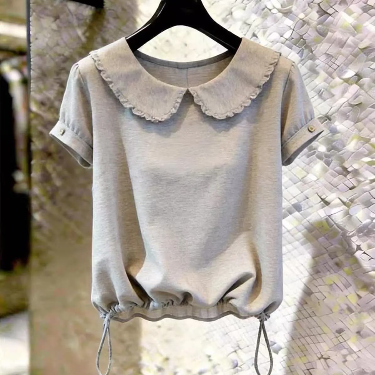Fashionable Doll Collar Short Sleeve Women's Top Slimming Versatile Lace Trim Commute Style Drawstring Waist Small Shirt