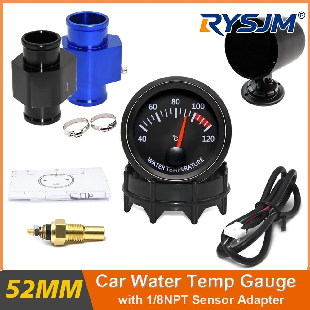 52mm Car Water Temp Gauge LCD Digital Temperature Sensor 1/8NPT Thermometer Joint Pipe 40-120℃ with White LED Moto For 12V24V