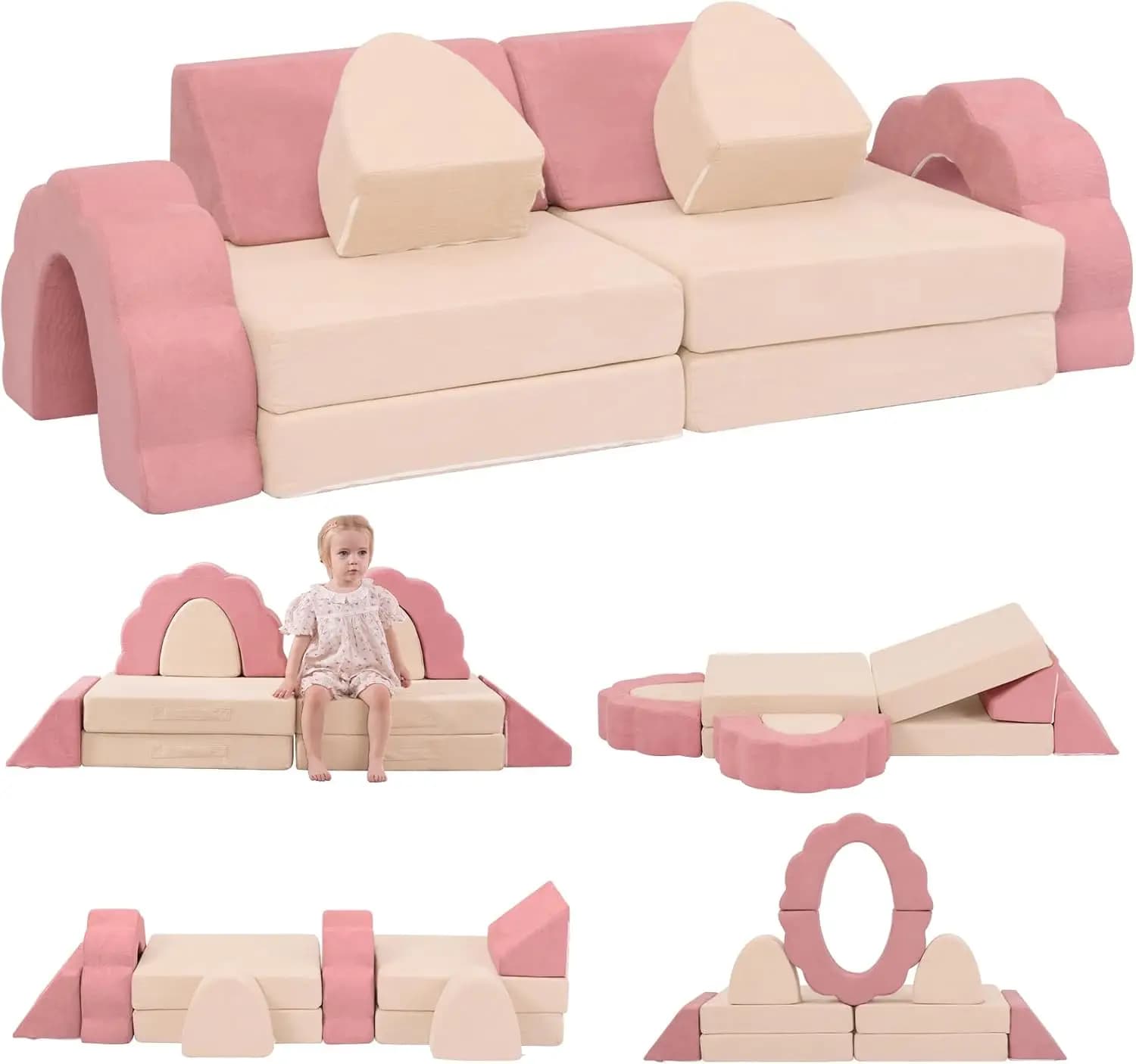 Children's Modular Sofa in 10 Pieces, Soft Children's Foam Sofa with Washable Coating, Interior Furnishing for Climbing in Rose and Beige