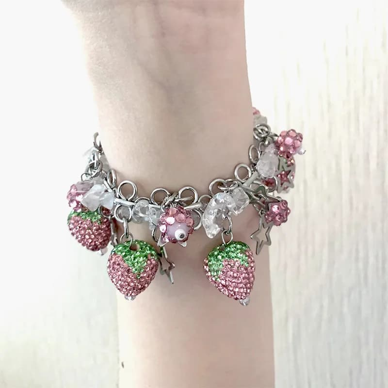 2025 New y2k Bracelet Shiny Rhinestone Strawberry Crystal Star Metal Chain Cute Trendy Accessaries for Women Girl gift Jewelry