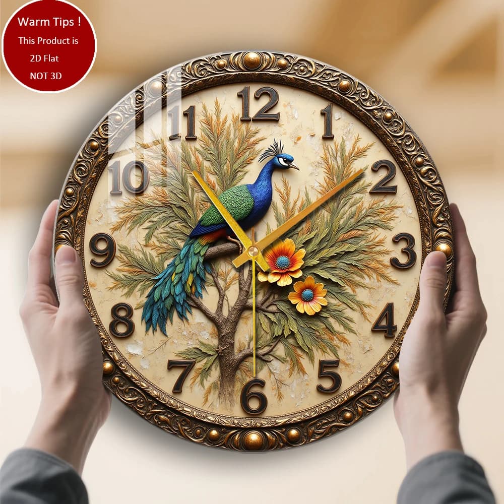 Tempered glass wall clock with peacock on the branch of a tree with flowers, suitable for wall decorations or table exhibitors everywhere
