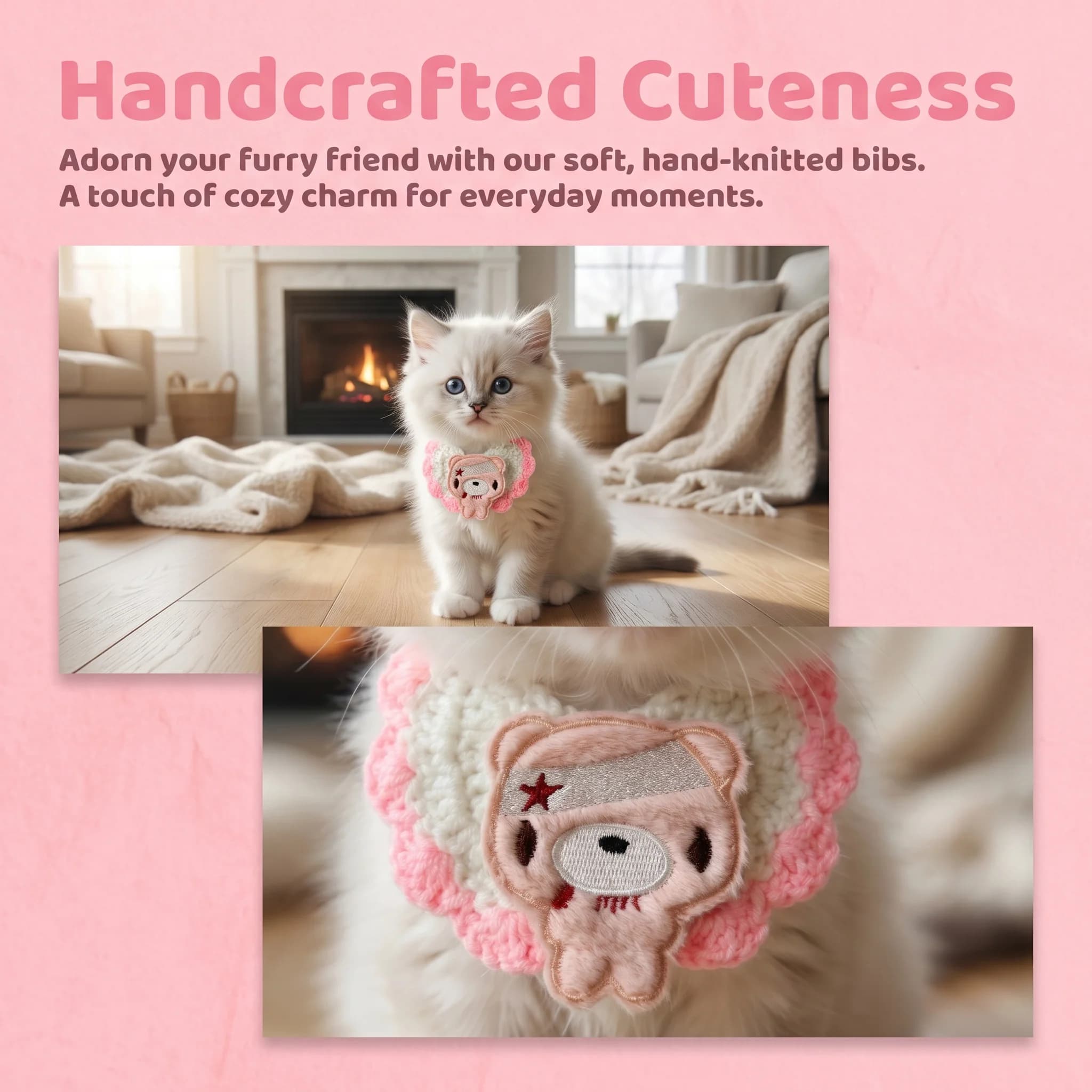 Handmade Knit Ruffle Pet Bib Cute Cartoon Bear Patch Adjustable Pet Collar Kawaii Small Dog Cat Accessory