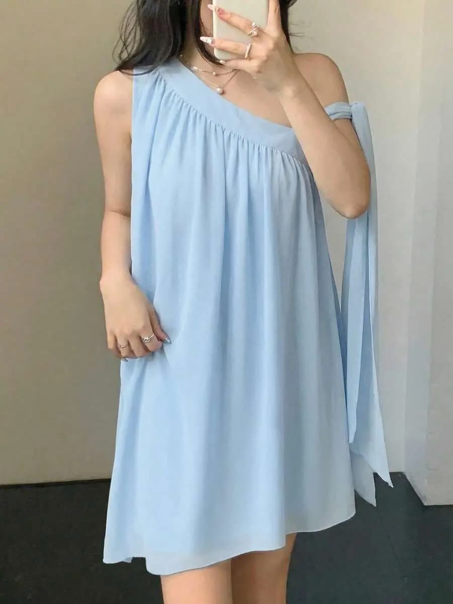 Spring/Summer New Asymmetrical Shoulder Strap Ruched Dress, Tie Bow Design Flared A-Line Loose Long Dress For Women