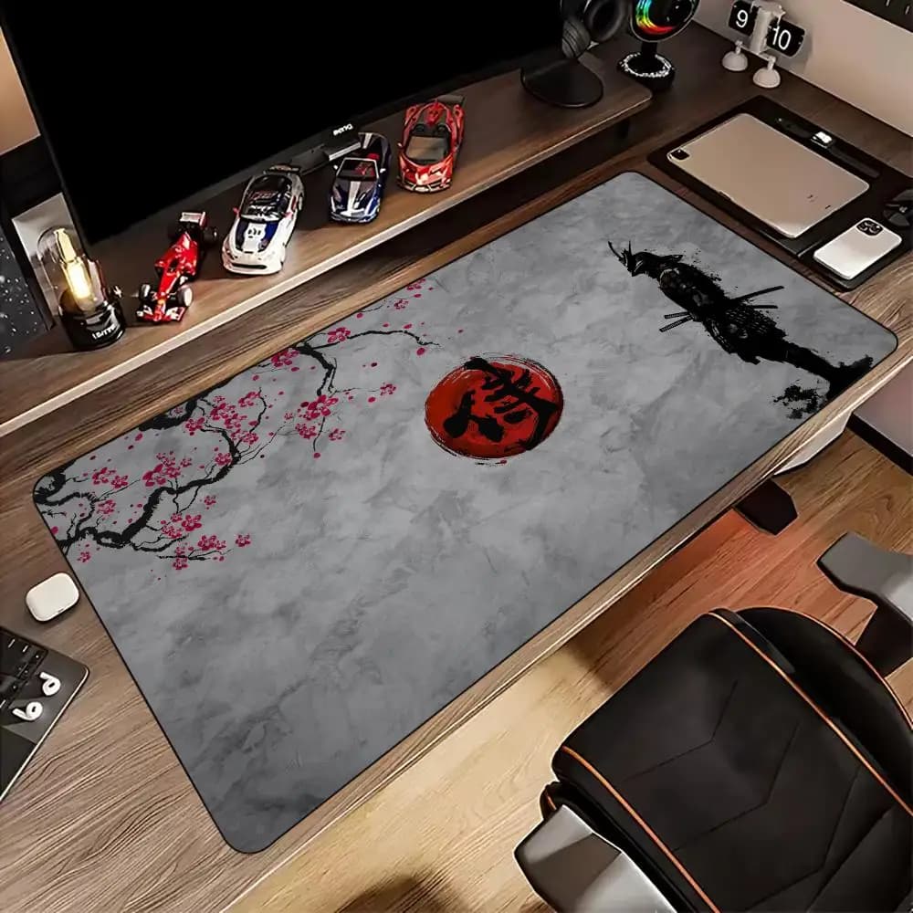 Tema dei fiori di ciliegio del samurai giapponese Tappetino per mouse Tappetino da scrivania Tappetini da gioco Gomma antiscivolo Durevole Accessori per PC impermeabili Tappetino grigio