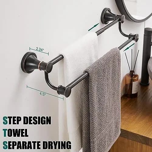 Oil Rubbed Bronze Dual Towel Holder, Stainless Steel Wall-Mounted Adjustable Rack 15-27 Inch With Retractable Rod For Bathroom