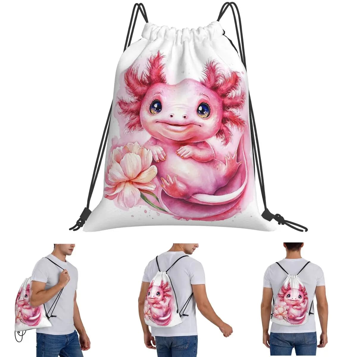 Zaini con disegni di axolotl rosa e fiori rosa, borse portatili con coulisse, borse sportive, borse per libri per uomo e donna, per la scuola