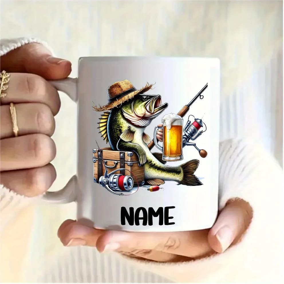 1 tazza da pesca personalizzata | Design personalizzato con nome/testo, canna da pesca, birra e scatola degli attrezzi - Ideale per il compleanno di un pescatore, Natale