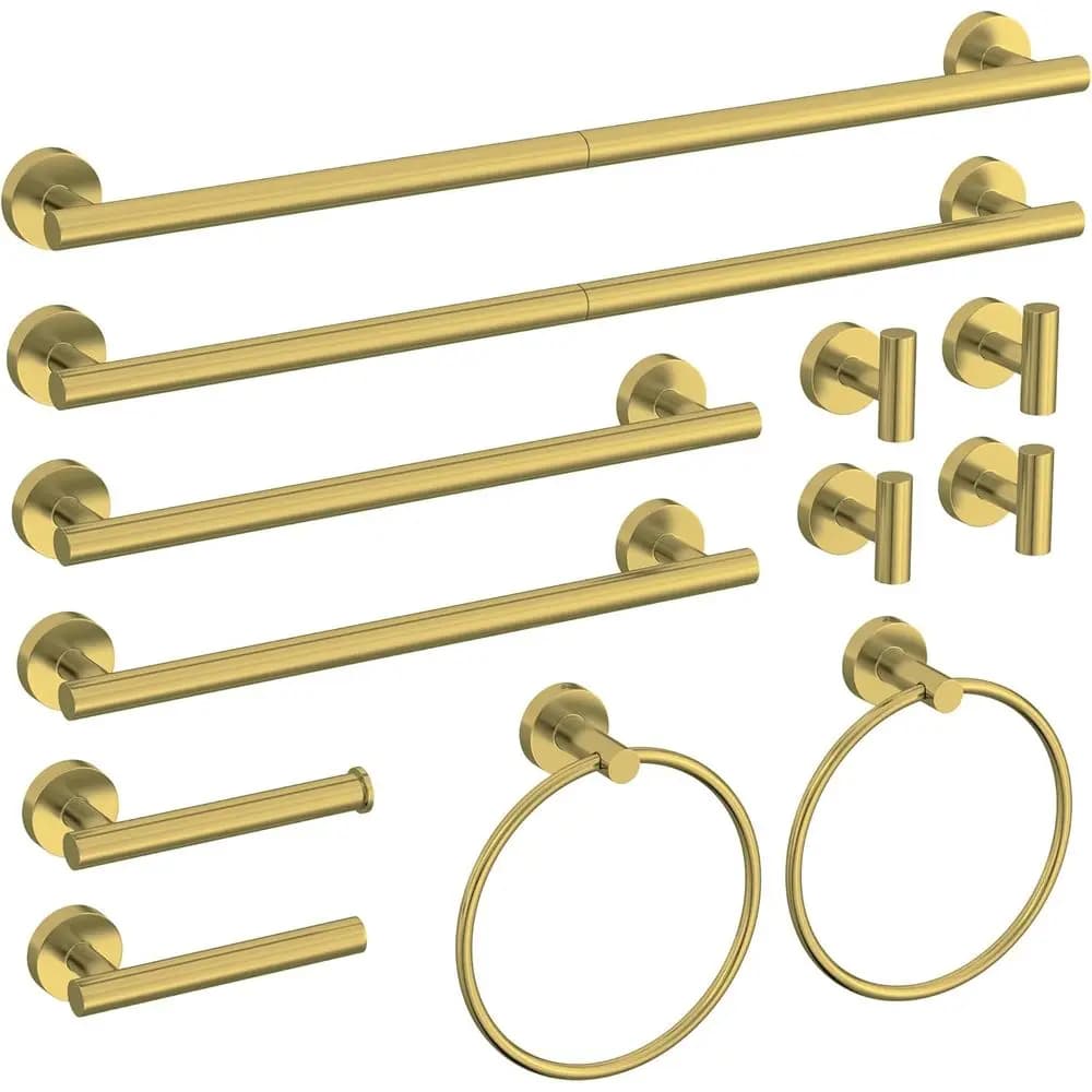 Set di accessori da bagno in oro spazzolato da 12 pezzi, set di accessori da bagno in acciaio inossidabile SUS304, set di portasciugamani da bagno, portarotoli di carta igienica, T