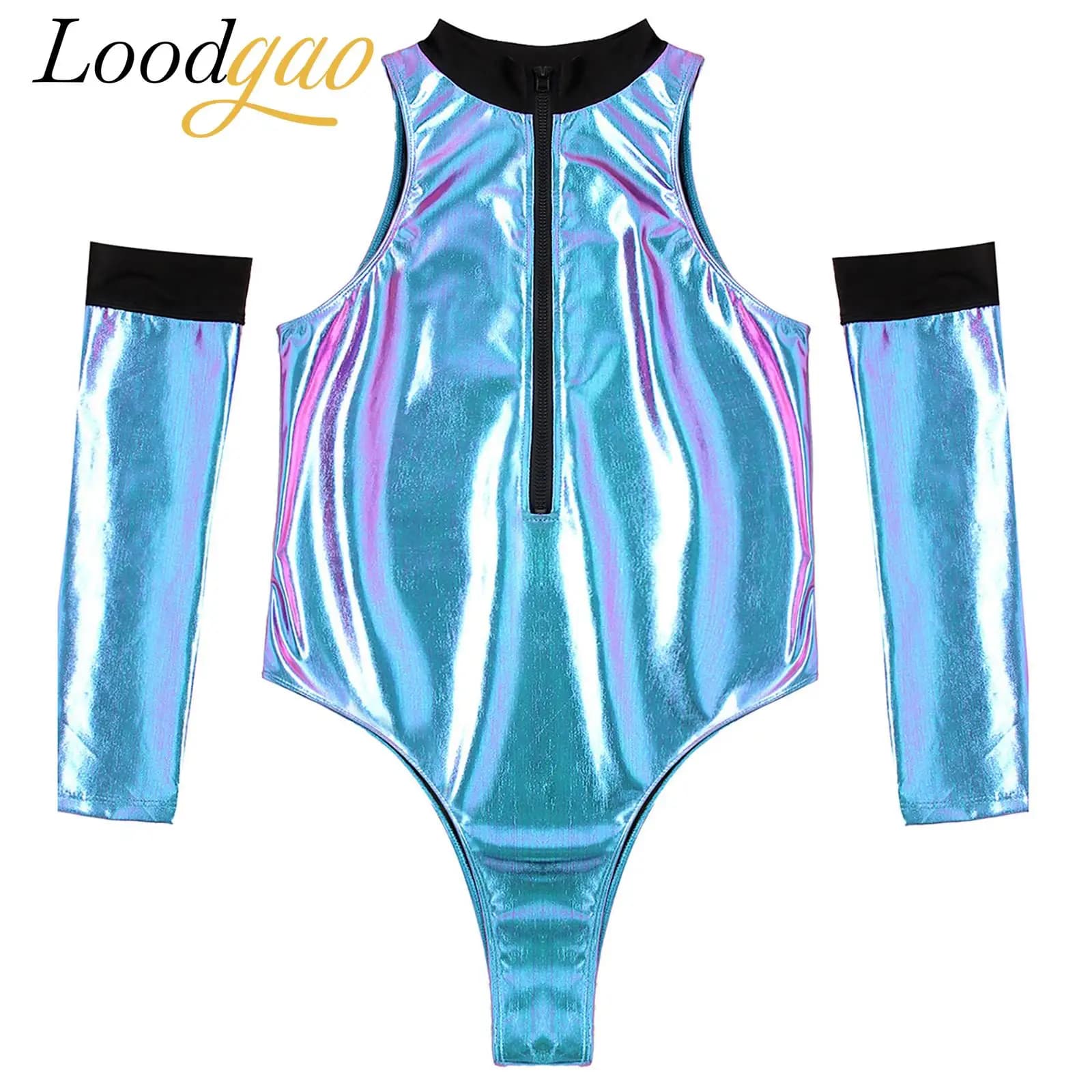 Men Patent Leather Alien Costume Galaxy Outerspace Role Play Costume Outfits Sleeveless Bodysuit with Gloves Robot Fancy Dress