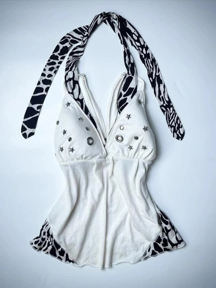 Top a Bretelle American Spice Girls con Scollo a V, Stampa Leopardata, Borchie a Stella, Fibbia Metallica, Sexy e Aderente, per l'Estate
