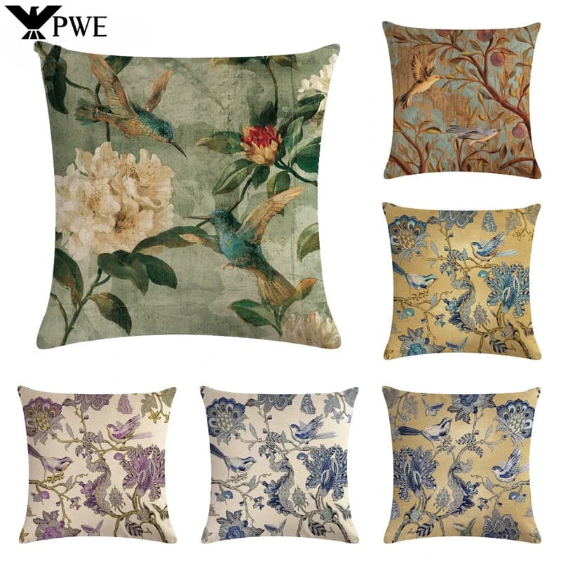 American Country Flower Bird Series Lino Abbraccio Federa Divano di casa Ornamento Fodera per cuscino 45 * 45 cm