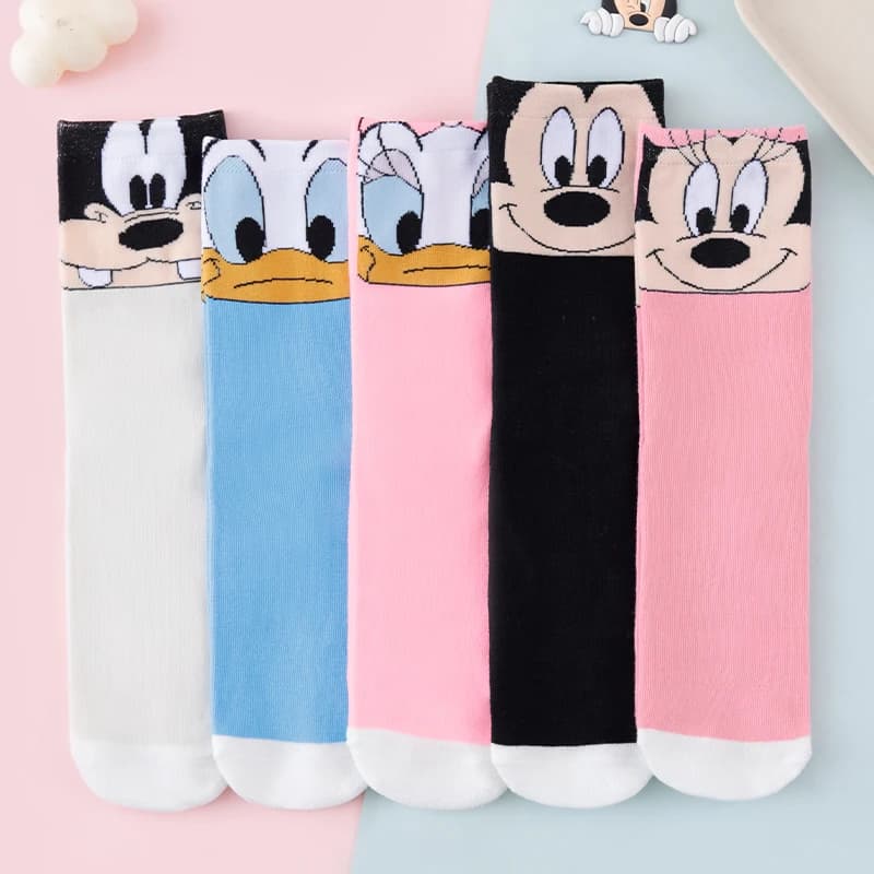 5 Pairs of New Disney Cartoon Character Graffiti Women's Round Neck Socks Fashionable Interesting Cute and Casual Long Socks
