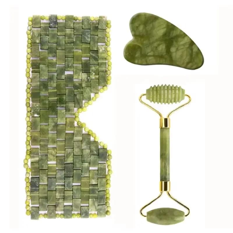 Maschera per Occhi in Giada, Massaggiatore Facciale, Set Gua Sha in Pietra Naturale, Rullo di Giada, Set per Massaggio Viso, Cura della Bellezza