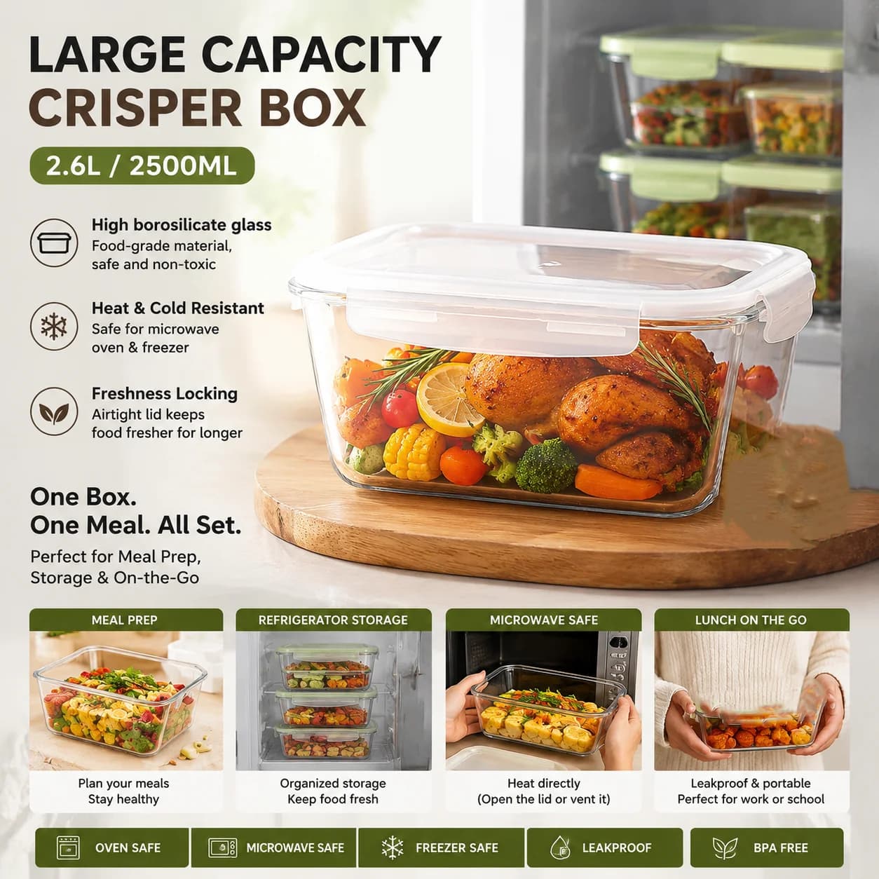 Large Capacity Glass Food Storage Container with Lid, Borosilicate Meal Prep Box Microwave Safe Airtight Crisper for Kitchen Fri