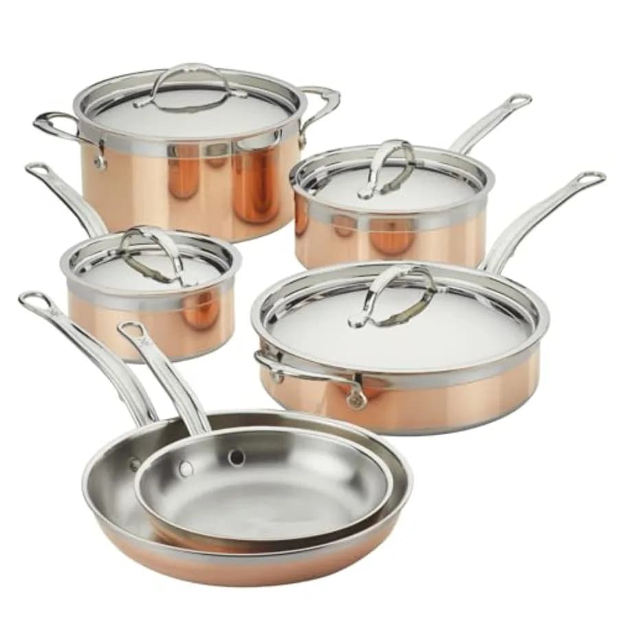 Collezione CopperBond, Set di Pentole in Rame Puro al 100% da 10 Pezzi, Compatibile con Piastre a Induzione, Bronzo Scuro, Alta Efficienza Termica
