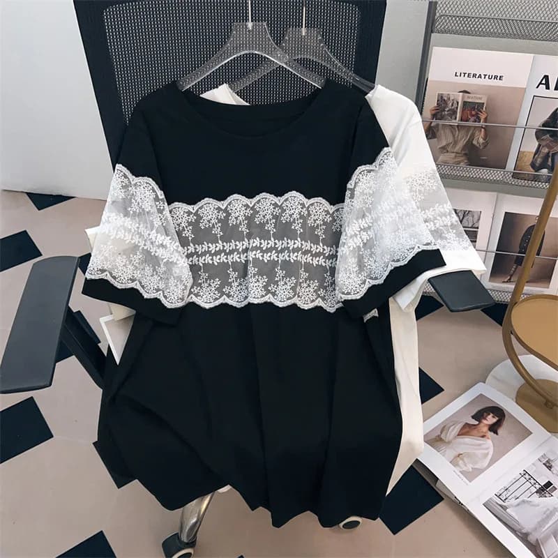 170Kg Plus Size Busto da donna 170 Estate Allentato Girocollo Manica corta T-shirt in pizzo Nero Bianco 4XL 5XL 6XL 7XL 8XL 9XL