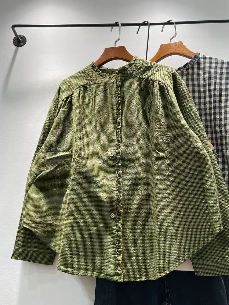 Loose Long Sleeve Women's Shirt Spring Autumn Korean Style Plaid Lace Collar Single Button Casual Fashion Pure Cotton Blouse