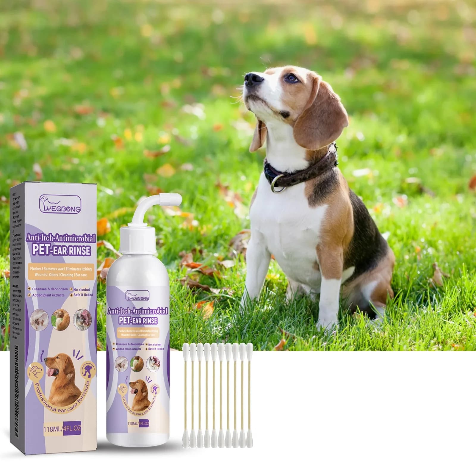 Yegbong Soluzione per la Pulizia delle Orecchie degli Animali Domestici, Sollievo dallo Scomodo, Controllo degli Odori, Prevenzione del Cerume, Liquido per Lavaggio Orecchie di Cani e Gatti, 118ml