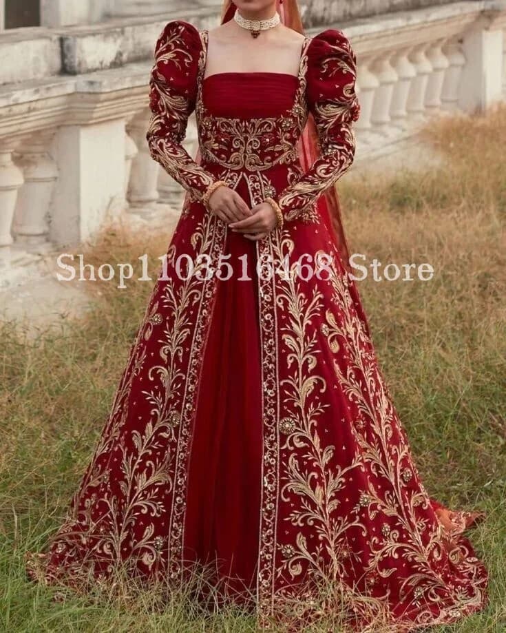 Burgundy Bridal Evening Dress Luxury Square Neck Gold Embroidered Applique Customised Long Sleeve Evening vestido de casamento