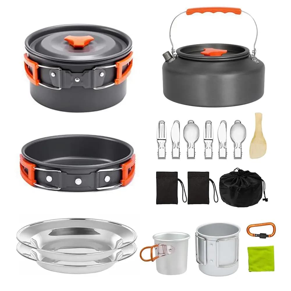 Set da Cucina da Campeggio, Kit di Pentole in Alluminio per Esterni con Padella, Pentola con Coperchio, Bollitore da 1,2L e 2 Utensili in Acciaio Inox