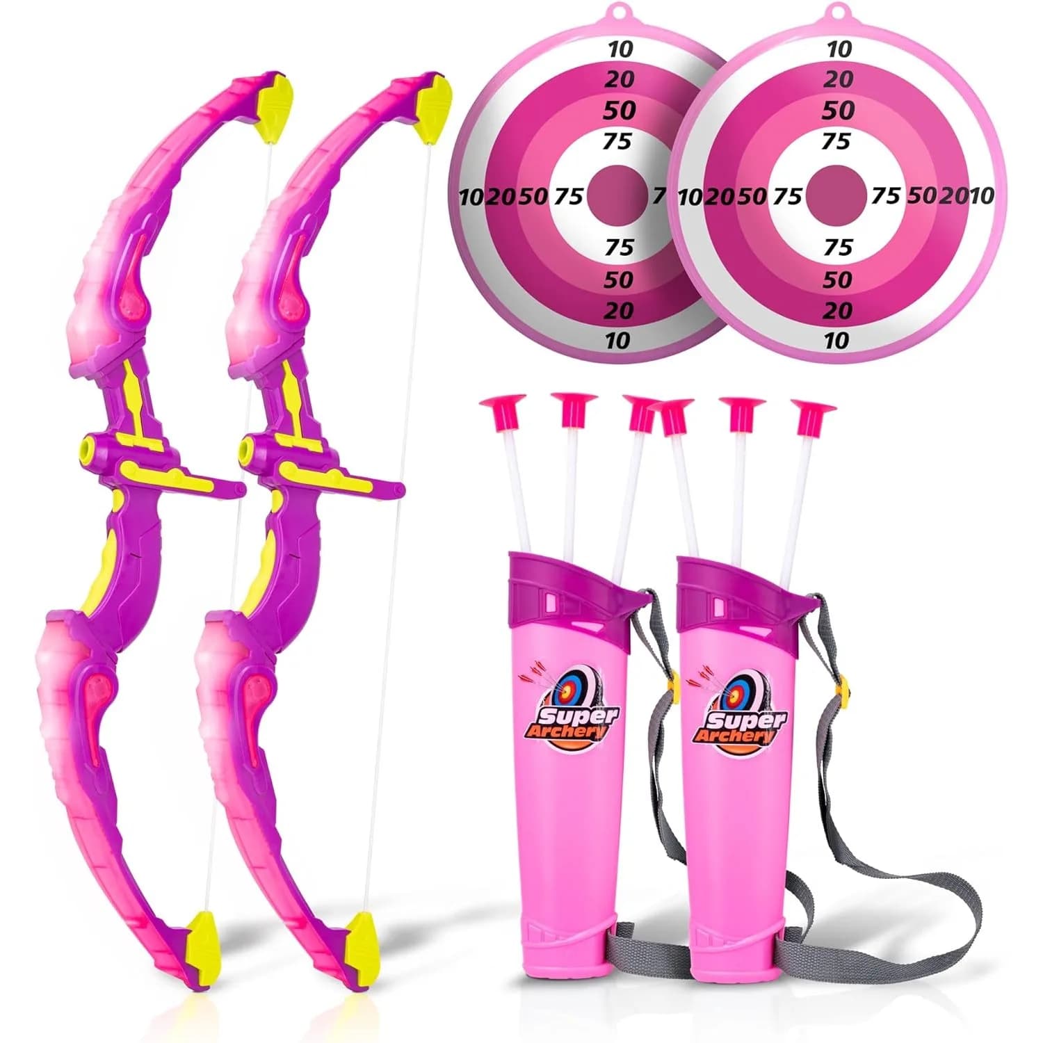 Set di tiro per bambini Set di arco e frecce con luci a LED rosa lampeggianti freccia Rack Target e catena da caccia con faretra per ragazzi e ragazze
