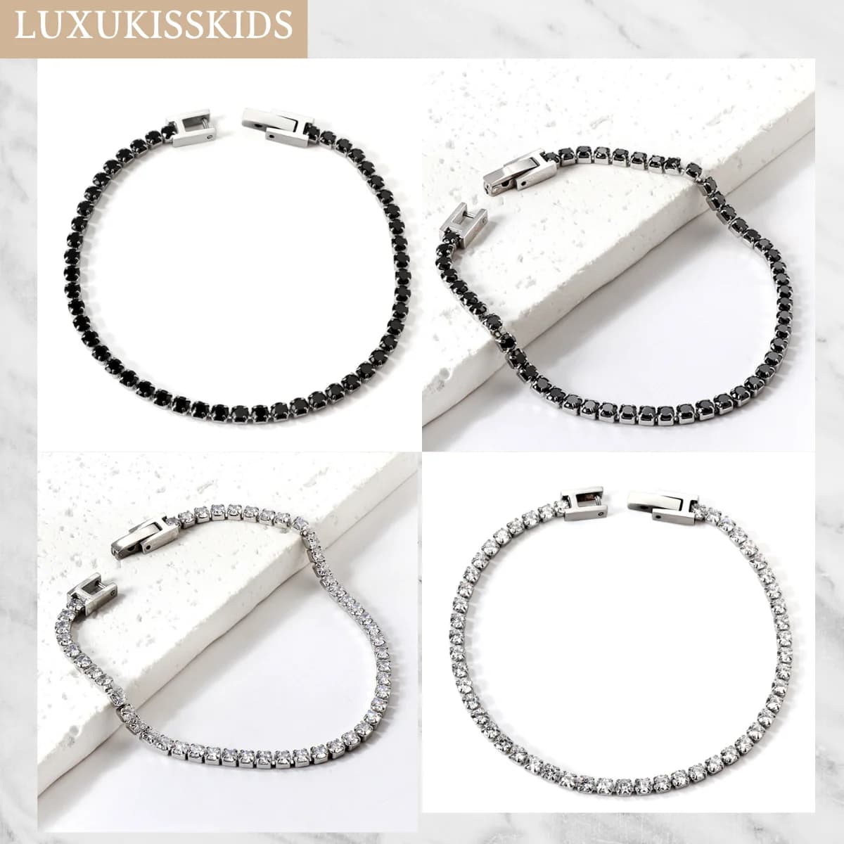 LUXUKISSKIDS Moda 3MM Zirconia Braccialetti da tennis Bracciale gotico da uomo/donna 4 artigli AAA Bianco Nero lucido Pietra Gioielli in acciaio