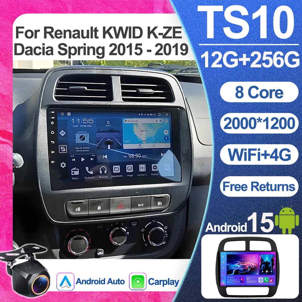 Android 15 Carplay Auto WIFI + 5G Per Renault KWID K-ZE Dacia Primavera 2015-2019 Autoradio Lettore Video Multimediale GPS 2din Stereo