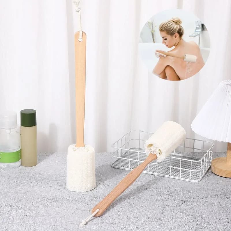 1 spazzola da bagno esfoliante in luffa con manico lungo in legno, spazzola per il corpo, spazzola per la doccia, spazzola per la pulizia della schiena