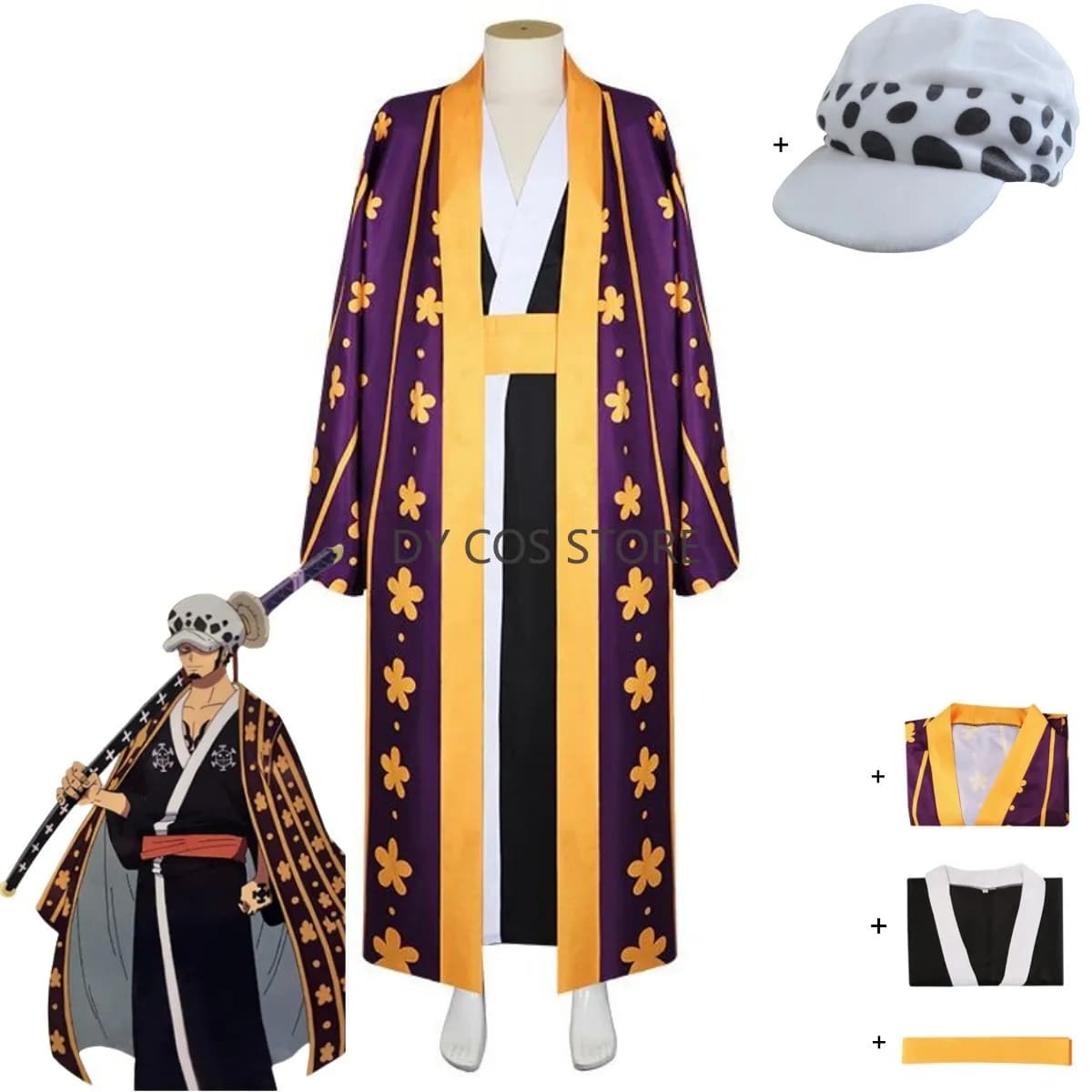 Anime Trafalgar D. Water Law Costume Cosplay Wano Kuni Paese Kimono giapponese Accappatoio Mantello Cappello Uomo Donna Vestito di Halloween