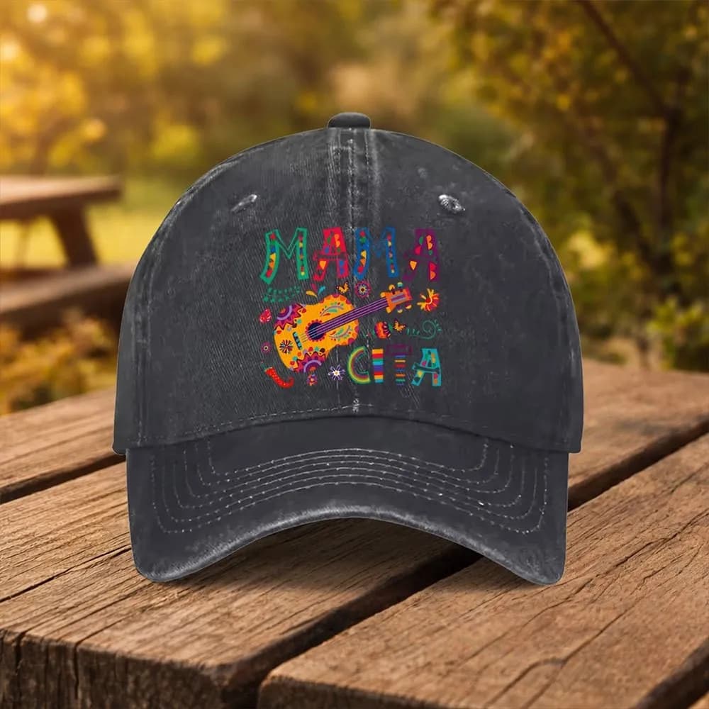 Cappellino da Baseball in Denim Lavato con Stampa Chitarra MAMACITA, Regolabile, per Sport all'Aperto e Moda
