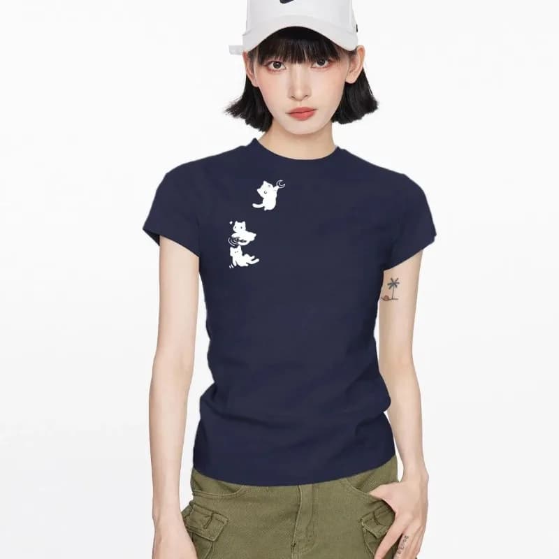 Women's Cotton Print Slim Fit T-shirt Summer Casual Basic Short Sleeve Tee