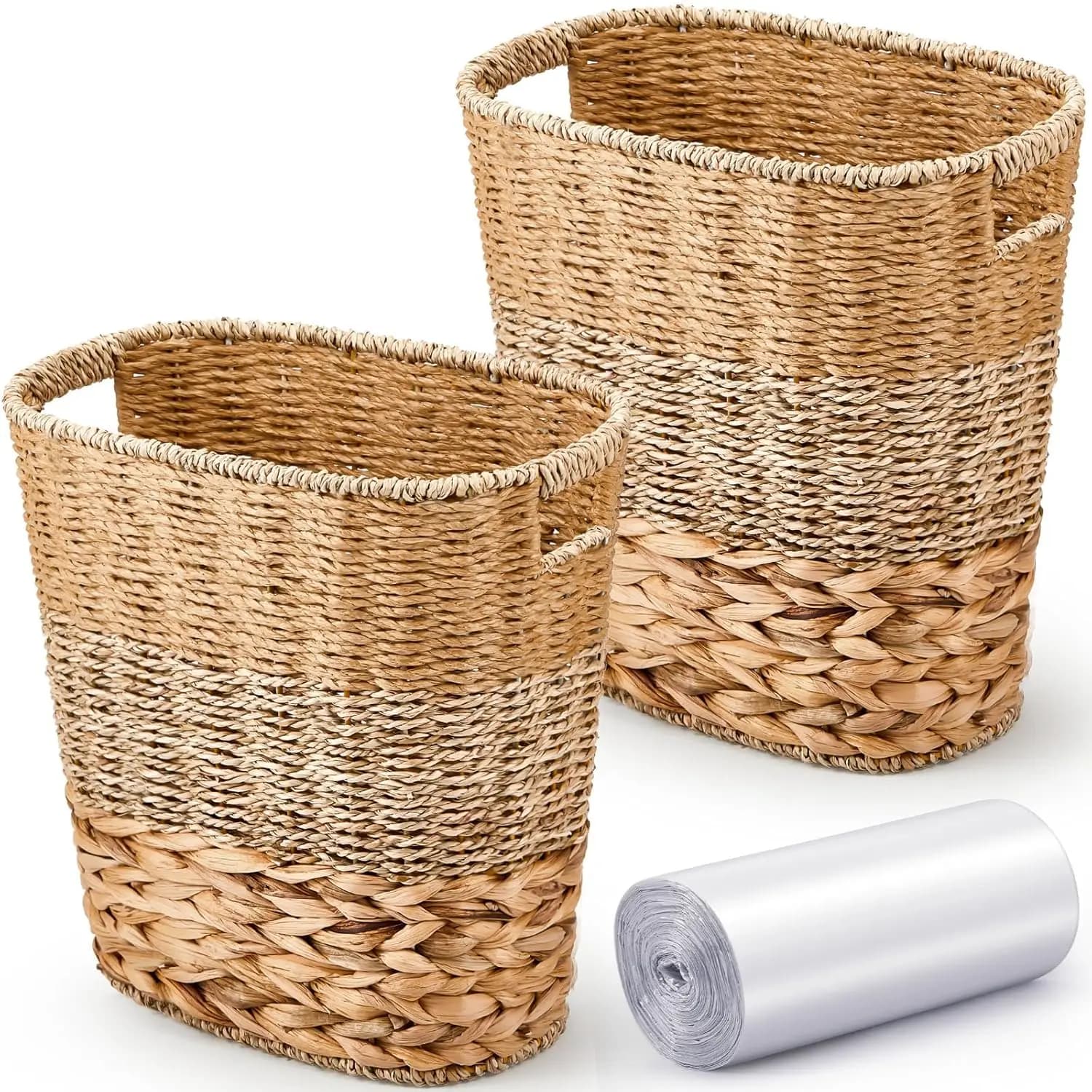 Set di 2 Cestini per Rifiuti in Vimini con 50 Sacchetti Piccoli, Cestino Intrecciato con Manici per Bagno, Cucina, Camera da Letto