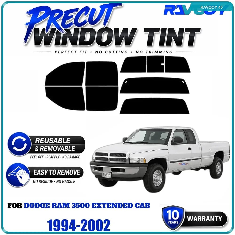 RAVOOY Precut Window Tint, Reusable Removable EPU Film, Custom Fit for Dodge Ram 3500 Extended Cab 1994-2002, UV Heat Protection