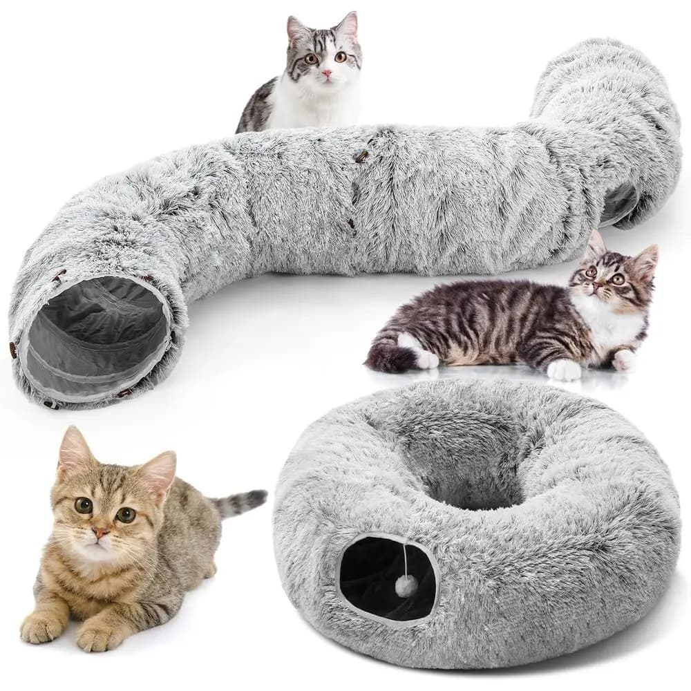 2 Pezzi Tunnel per Gatti in Peluche, Tunnel Gioco Pieghevole per Gattini Sotto l'Albero di Natale, Giocattolo Interattivo Labirinto con Pallina Sospesa per Gatti