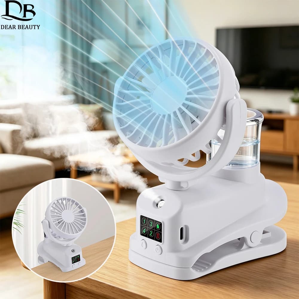 Ventilatore Portatile a Clip 2026 con 4 Velocità, Mini Ventilatore USB con Umidificatore per Auto, Scrivania, Campeggio, Rotazione a 360° ° Ventilatore con Nebulizzatore Rotante