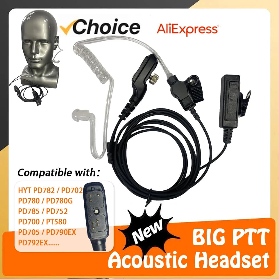 Walkie Talkie Auricolare per HYT PD700 PD700G PD702 PD705G PD752 PD780 PD782 PD785 PD785G PT580H Radio bidirezionale Microfono Grande PTT