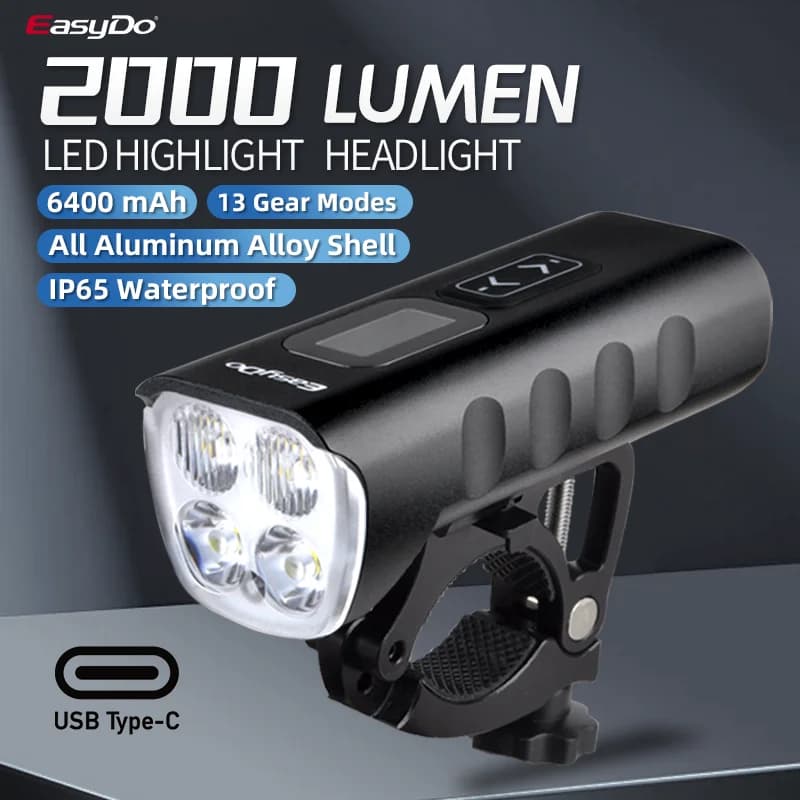 EasyDo Front Bike Light 2000 Lumen Bicycle Headlight USB/C Quick Charging LED Bike Tour