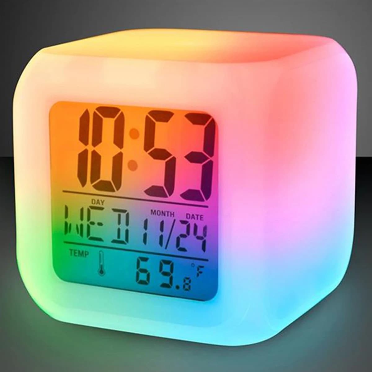 Sveglia digitale a LED Mini orologio da tavolo a cubo con luci colorate Sveglie multifunzione con display della temperatura del calendario