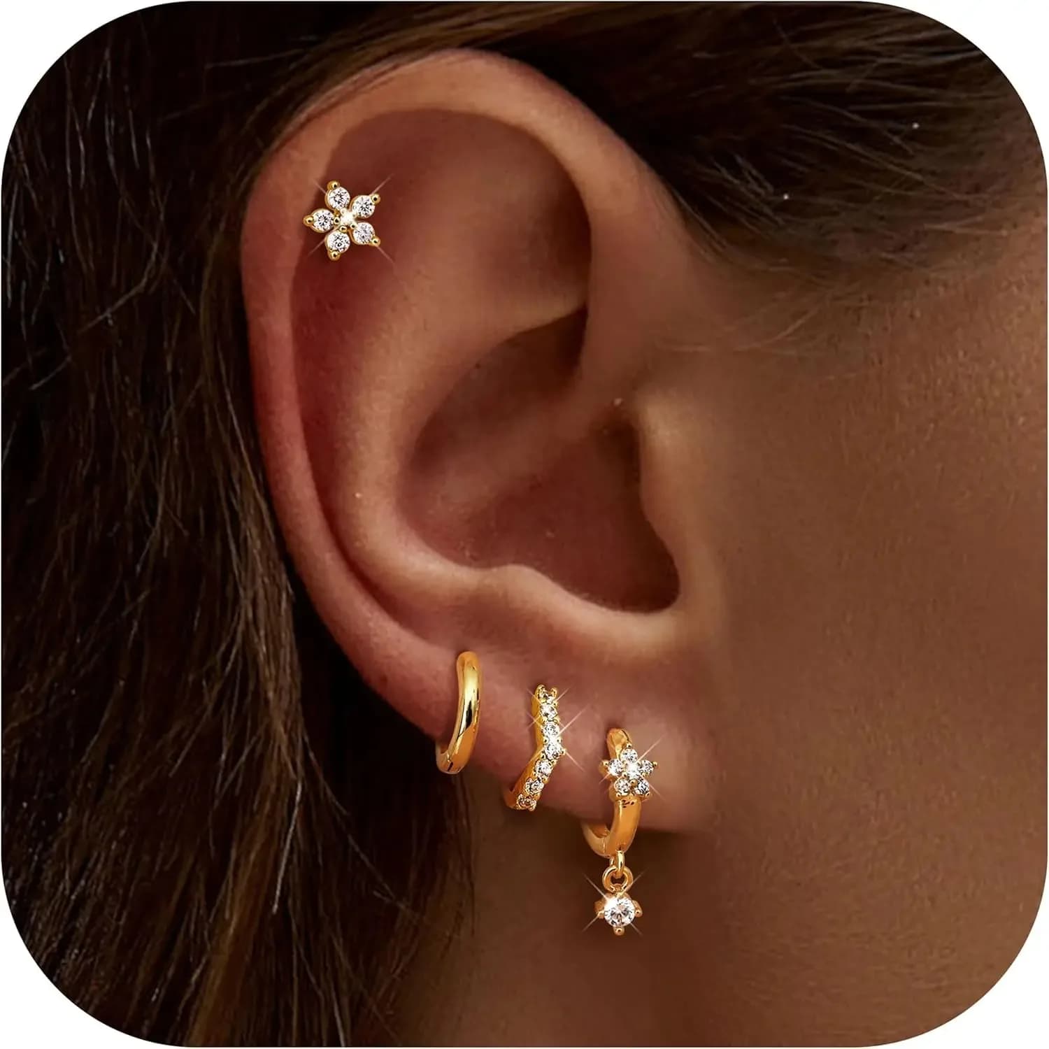 Florideco Hoop Earrings Set for Women Gold Plated Dangle Hoop Stud Earrings Stacks Pack Dainty Dangle Hoop Huggie Stud Cartilage