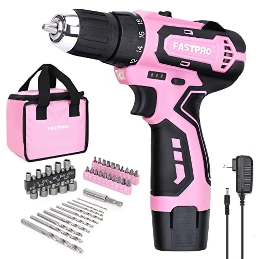 Kit trapano rosa da 42 pezzi 12V 3/8 pollici Trapano Avvitatore a Batteria agli Ioni di Litio con Batterie da 1.5 Ah, Caricabatterie e Borsa Porta Attrezzi