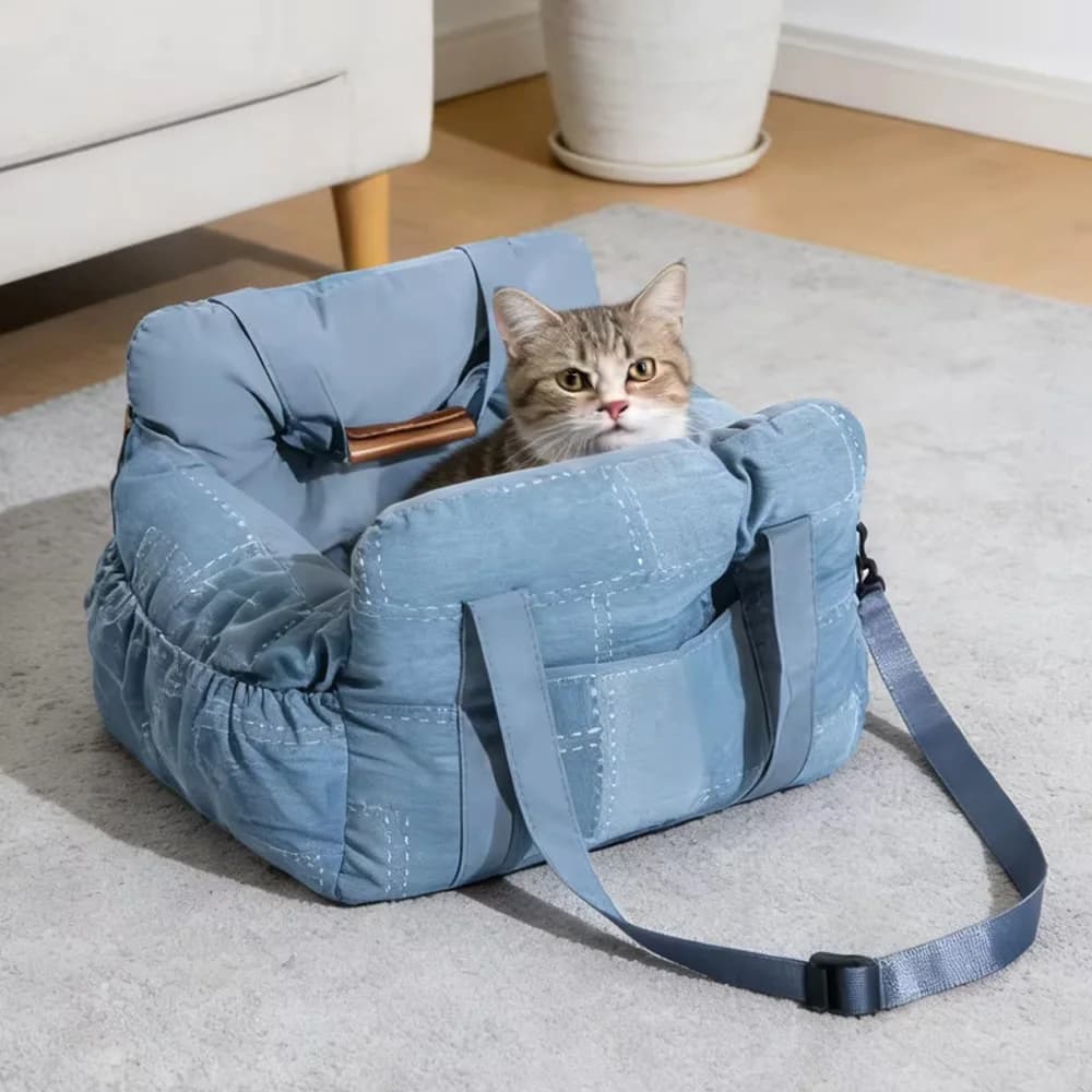 Cuccia Regolabile per Cani da Auto in Denim Vintage Patchwork con Fibbia di Sicurezza, Nido da Viaggio Lavabile per Animali Domestici, Seggiolino Rialzato per Gatti