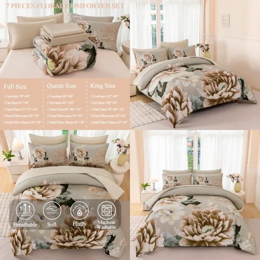 Set Copripiumino Matrimoniale Floreale 7 Pezzi, Set Letto con Lenzuola Reversibili, Grande Stampa di Peonie sul Copripiumino