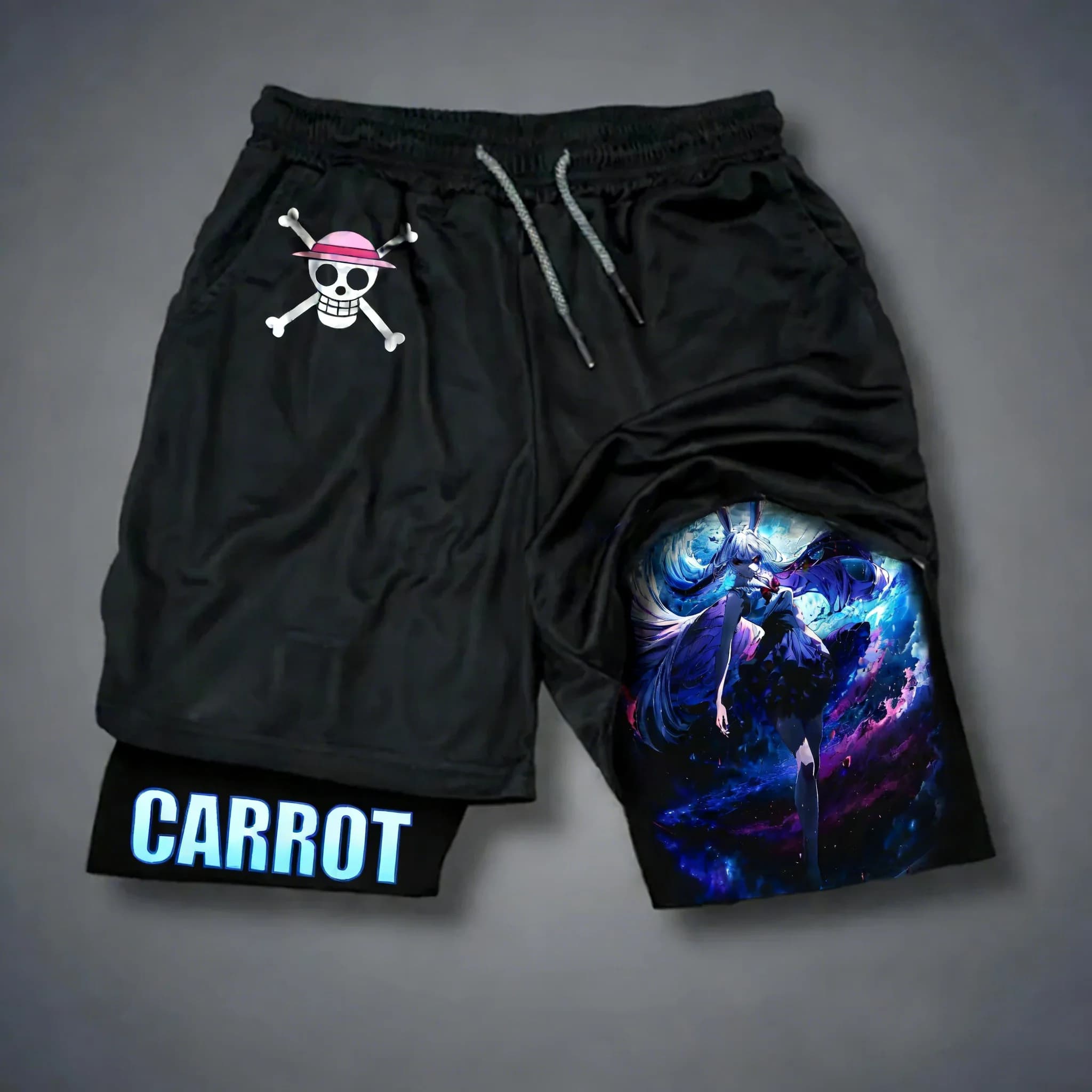 Double layered shorts printed with ONE PIECE, unisex, summer, new, fashionable, for swimming and fitness, fast drying, breathable, 2 in 1