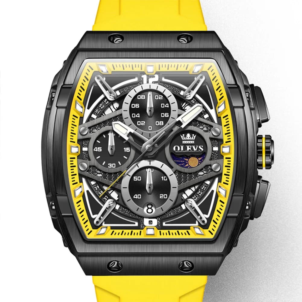 OLEVS Cronografo sportivo da uomo Orologio giallo Orologio militare impermeabile con calendario e fasi lunari Orologi da uomo al quarzo