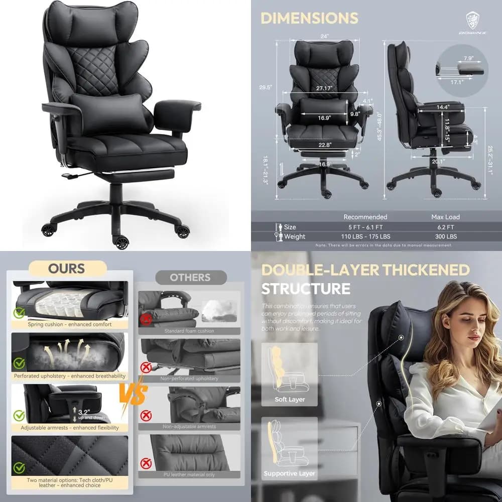 Sedia da ufficio ergonomica con schienale alto e cuscino a molla tascabile con braccioli regolabili e supporto lombare per grandi e alti, ideale per G