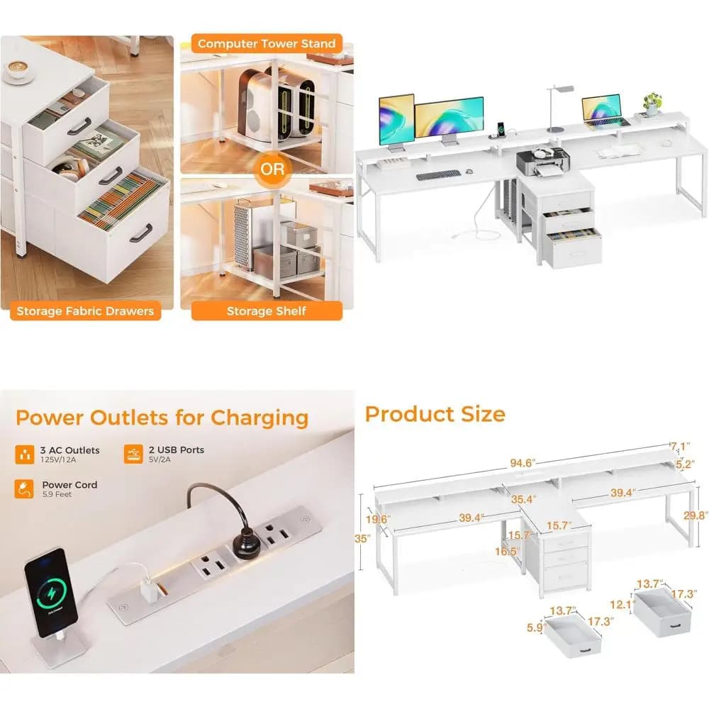 Extra long office desk for two people with power and USB sockets, fabric drawers and monitor support, white