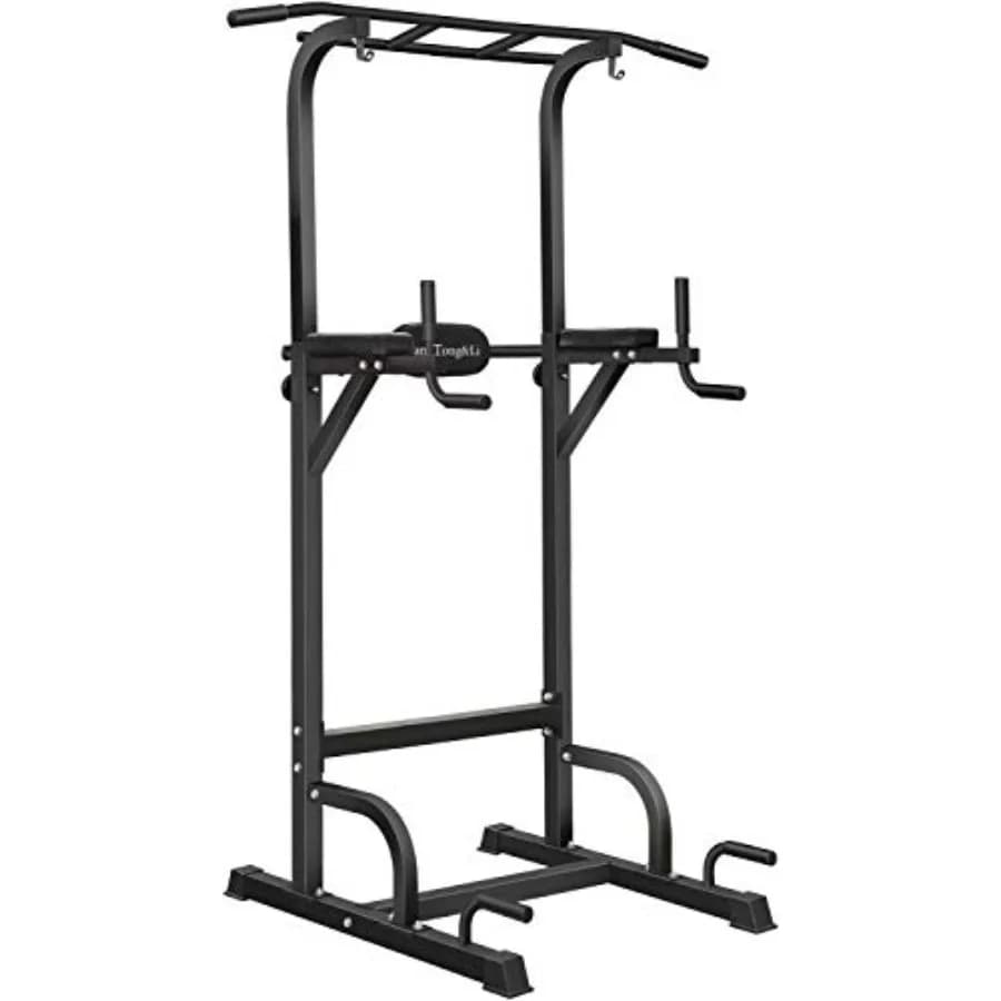 Power Tower with Traction Bar and Dip Station for Home Strength Training, Black Steel Equipment with Adjustable Height
