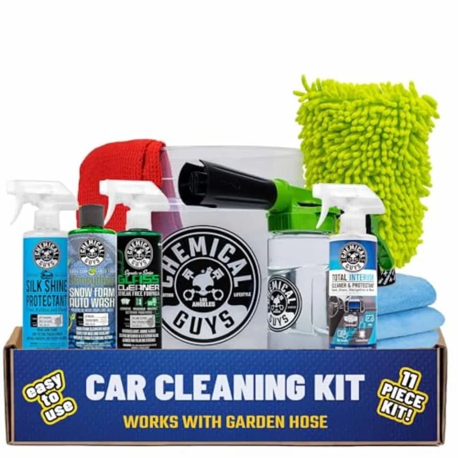 Kit per lavaggio auto per dettagli esterni e interni: pistola schiumogena con secchio, spruzzatore per tubo da giardino, panni in microfibra, detergente per interni