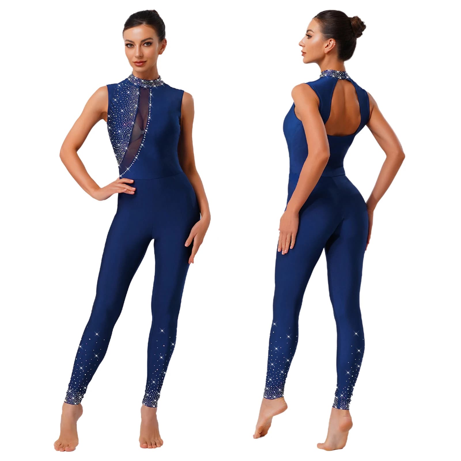 Pagliaccetti da ginnastica da donna Body con strass senza maniche sul retro scava fuori aderente tuta da pattinaggio su ghiaccio body da danza classica