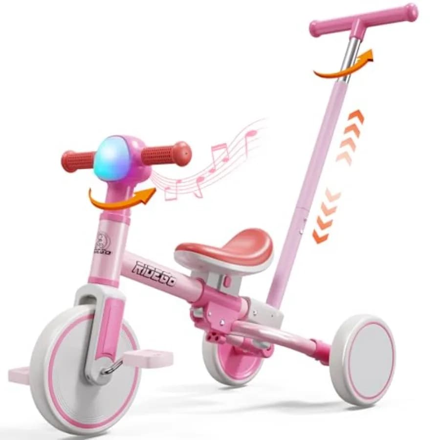 Triciclo 5 in 1 per bambini di 2-5 anni, bici da equilibrio per bambini e bici da spinta per bambini con maniglia per genitori, luce musicale RGB, senza attrezzi